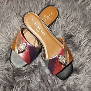 Kurt Geiger Multicolor Metallic Leather Slide Mules with Jewel Accent